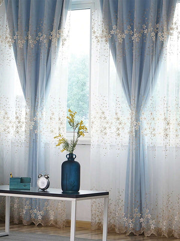 1pc Luxury European Style Embroidered Pearl Tulle Curtains For Bedroom And Living Room, Sheer Double Layer