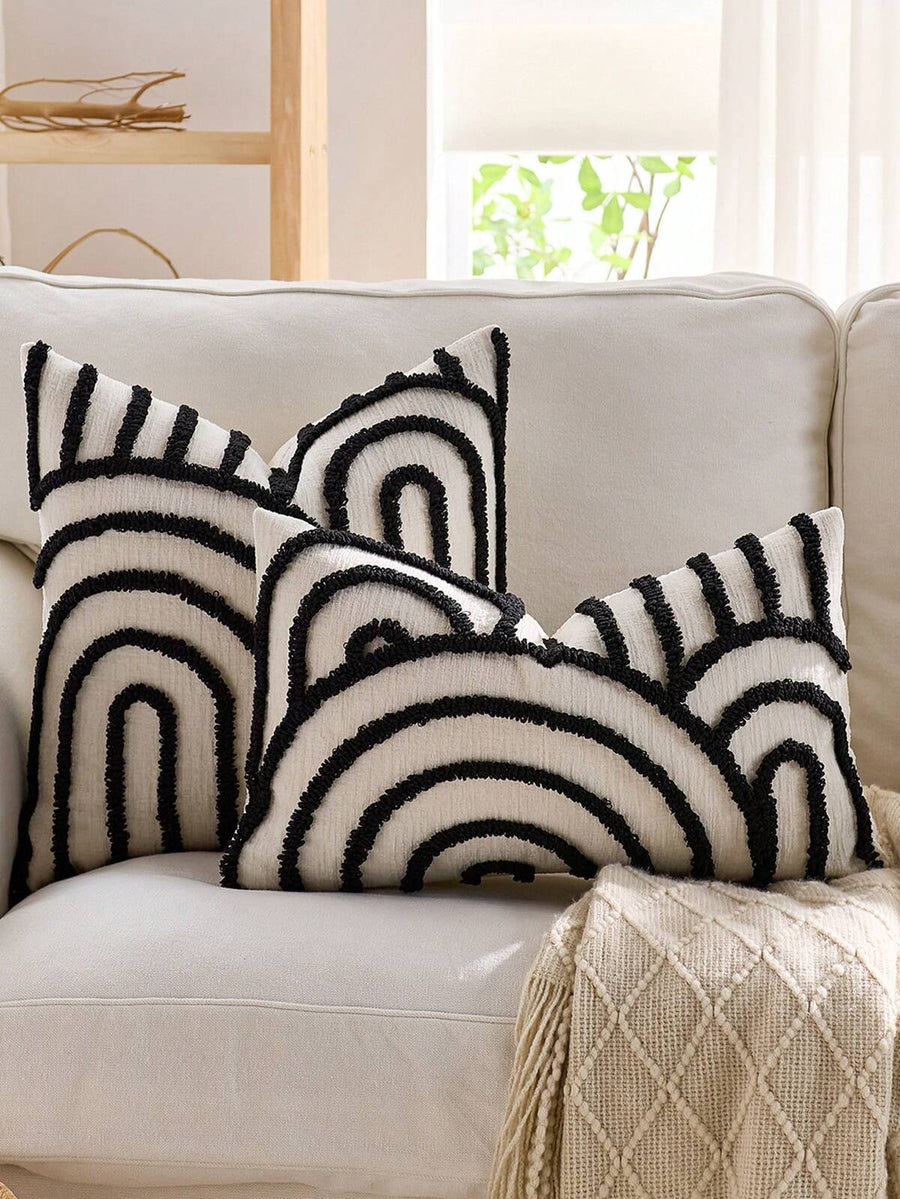 1pc/2pcs Set Semi-Circle Geometric Pattern Pillow Case, Canvas Circle Velvet Embroidery Crafted Square Cushion Cover, For Daily Use In Bedroom, Living Room, Sofa, Yard, Garden Decor, Without Core 30*50cm 45*45cm
