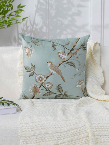 1pc Modern Minimalist Mint Green Floral & Bird Embroidered Pillow Case, Spring/Summer Flower Embroidery Decorative Pillow Cover, Suitable For Indoor Decoration, All-Season Pillowcase, Pillow Insert Not Included