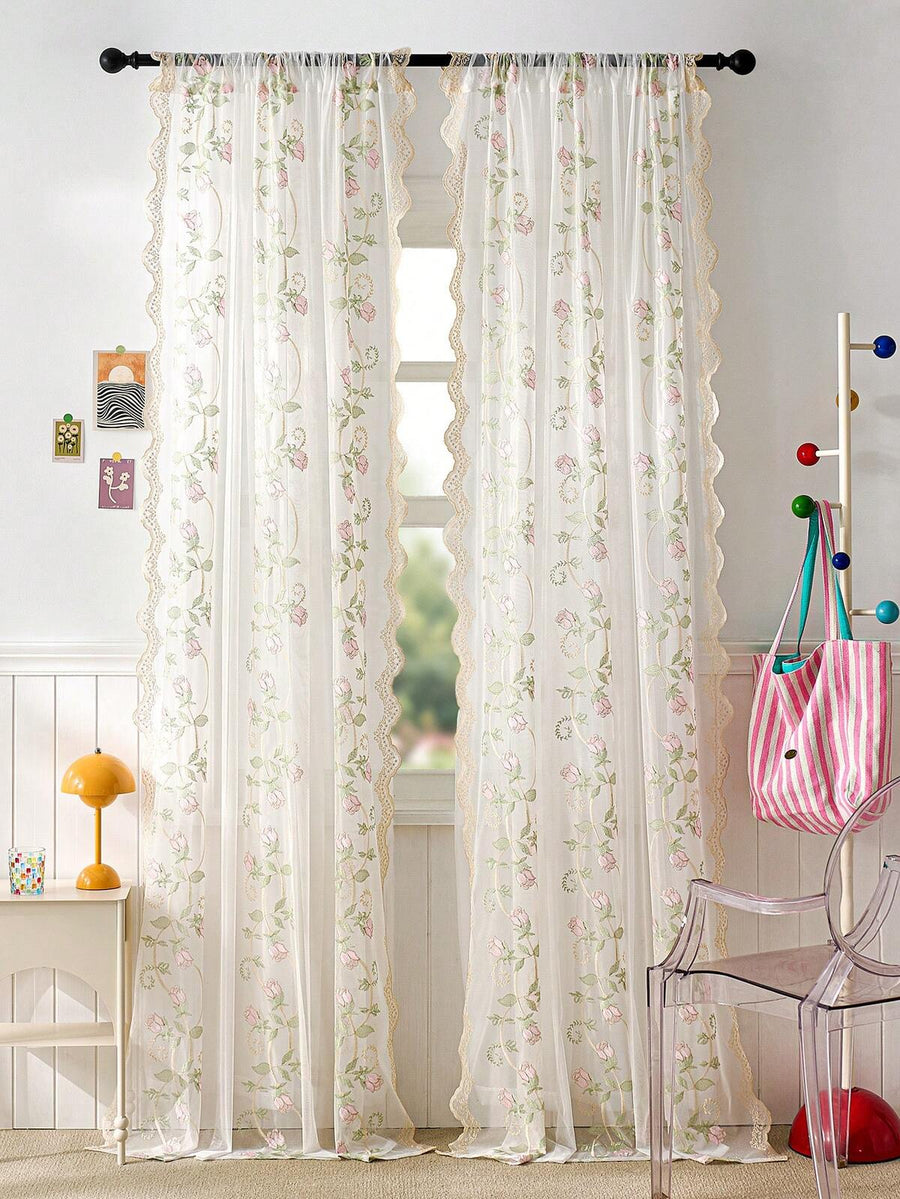 1pc French Pastoral Embroidered Sheer Curtain, No Drilling Required For Balcony, Bedroom, Suitable For Multiple Occasions